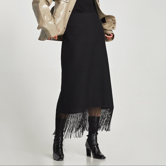 Zara Dresses & Skirts - Zara Black Fringe Midi Skirt